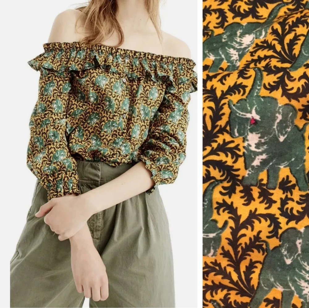 J. Crew Ratti Safari novelty elephant print Off the Shoulder top ruffle